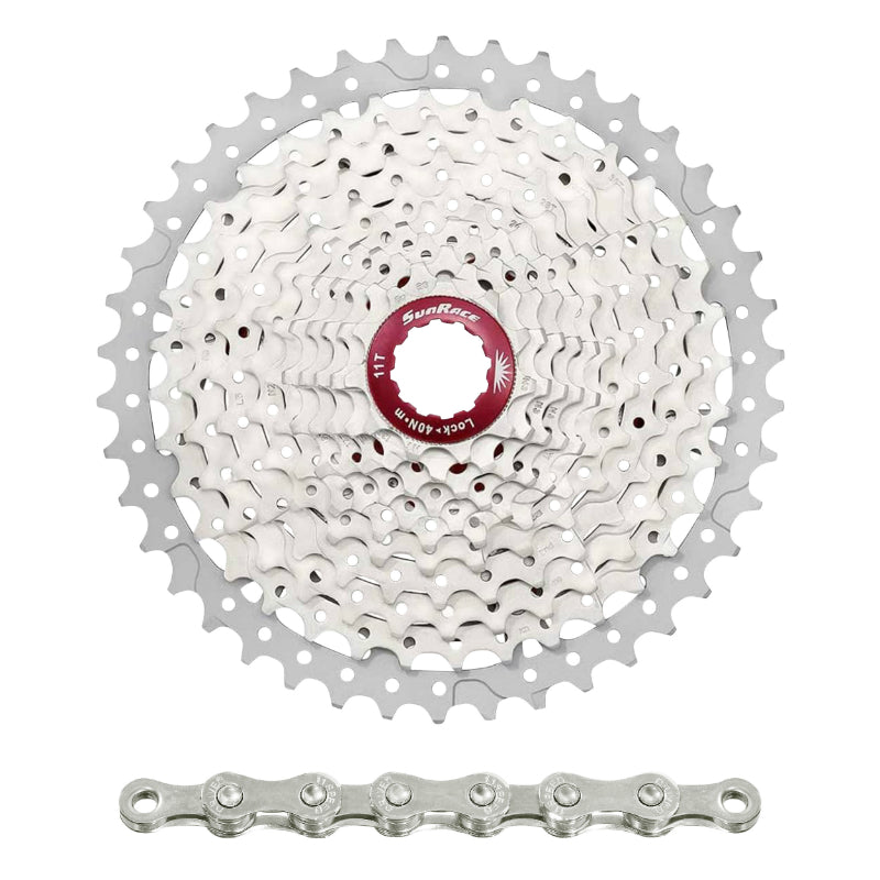 CASSETTE ET CHAINE (PACK) 11V. SUNRACE MS8 11-46 VTT POUR SHIMANO METALLIC ARGENT ET CHAINE CN11A 126 MAILLONS (LIVRE EN BOITE) (11-13-15-18-21-24-28-32-36-40-46) (2 BLOCS + PIGNONS)