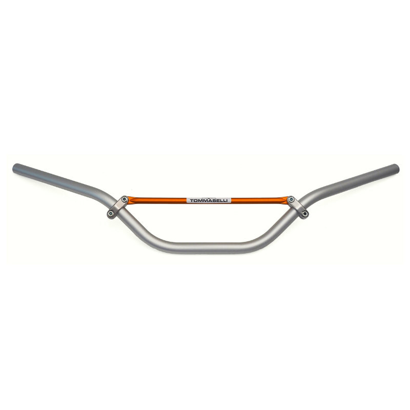 GUIDON MOTO CROSS VINTAGE TOMMASELLI ALU DIAM 22mm L815mm H181mm ARGENT AVEC BARRE DE RENFORT ORANGE