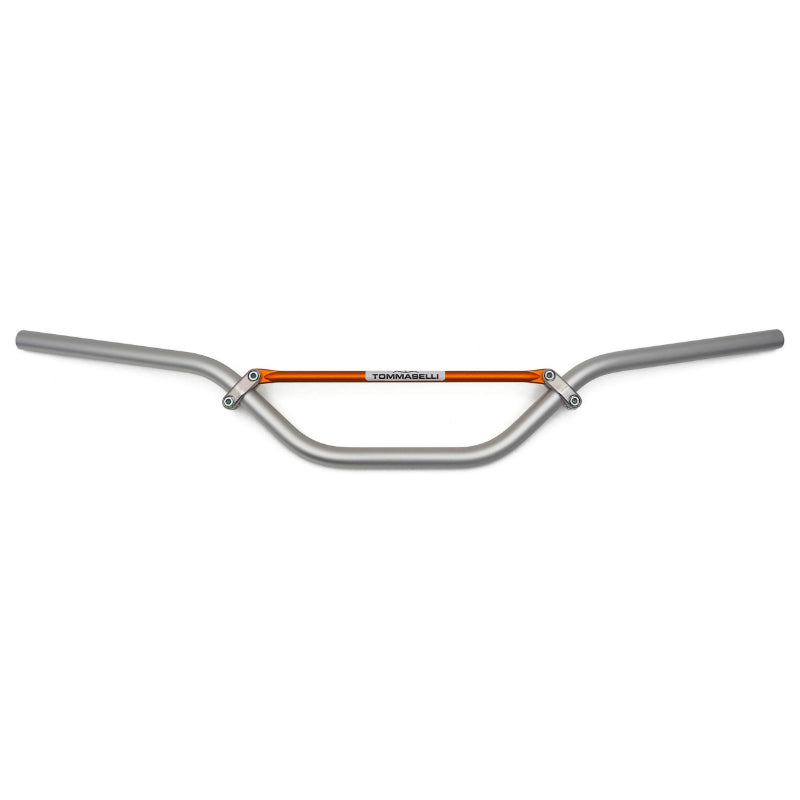 GUIDON MOTO CROSS VINTAGE TOMMASELLI ALU DIAM 22mm L873mm H152mm ARGENT AVEC BARRE DE RENFORT ORANGE