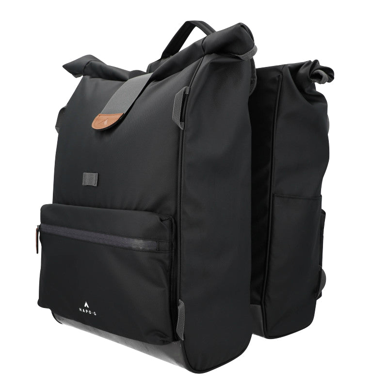 SACOCHE ARRIERE VELO DOUBLE HAPO.G ROLL-TOP 2x25L NOIR (61x33x16cm) - FIXATION SANGLES REGLABLES ET VELCROS SUR PORTE BAGAGE