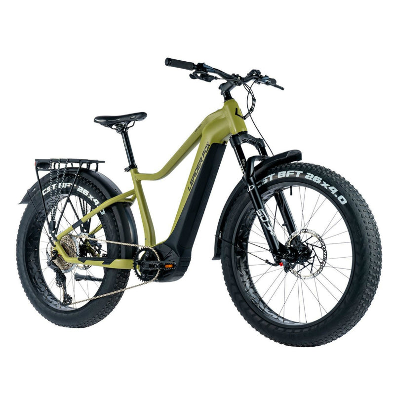 VELO ELECTRIQUE-VAE VTT FAT BIKE 26 LEADER FOX BRASA 2024 VERT KAKI 11V MOTEUR CENTRAL PANASONIC GX ULTIMATE 36V 90Nm BATTERIE 20Ah (20'' - H47cm - TAILLE L - POUR ADULTE DE 178cm à 190cm)