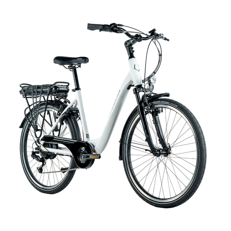 VELO ELECTRIQUE-VAE CITY 26 LEADER FOX LATONA 2024 MIXTE BLANC 7V MOTEUR ROUE AR BAFANG 36V 45Nm BATTERIE 15Ah (16,5'' - H43cm - TAILLE S - POUR ADULTE DE 158cm à 168cm)