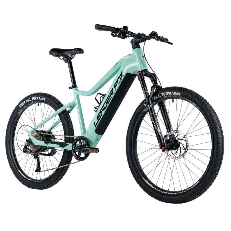 ELEKTRISCHE FIETS-VAE MTB 27.5 LEADER FOX ARIMO 2024 HEREN LICHTGROEN 9V MOTOR ACHTERWIEL BAFANG 36V 45Nm 20Ah BATTERIJ (16'' - H42cm - MAAT S - VOOR VOLWASSENEN VAN 158cm tot 168cm)