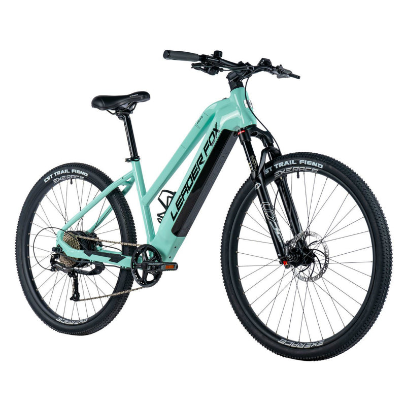 ELEKTRISCHE FIETS-VAE MTB 29 LEADER FOX ARIMO 2024 VROUWEN LICHTGROEN 9V MOTOR ACHTERWIEL BAFANG 36V 45Nm 20Ah BATTERIJ (16.5'' - H43cm - MAAT S - VOOR VOLWASSENEN VAN 158cm tot 168cm)