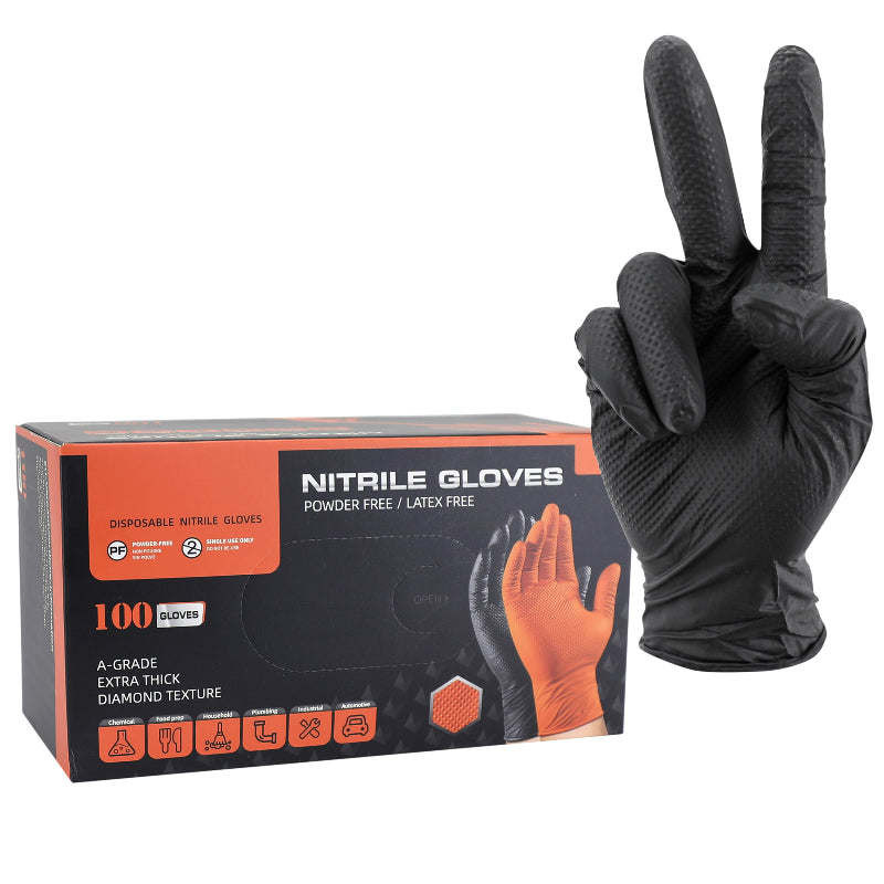 GANTS ATELIER NITRILE DIAMOND TEXTURE TYPE ECAILLES DE POISSON RESISTANT AUX PRODUITS CHIMIQUES, AUX HUILES, A L'ESSENCE NOIR HOMOLOGUE CE   T9 (L)  (BOITE DE 100)