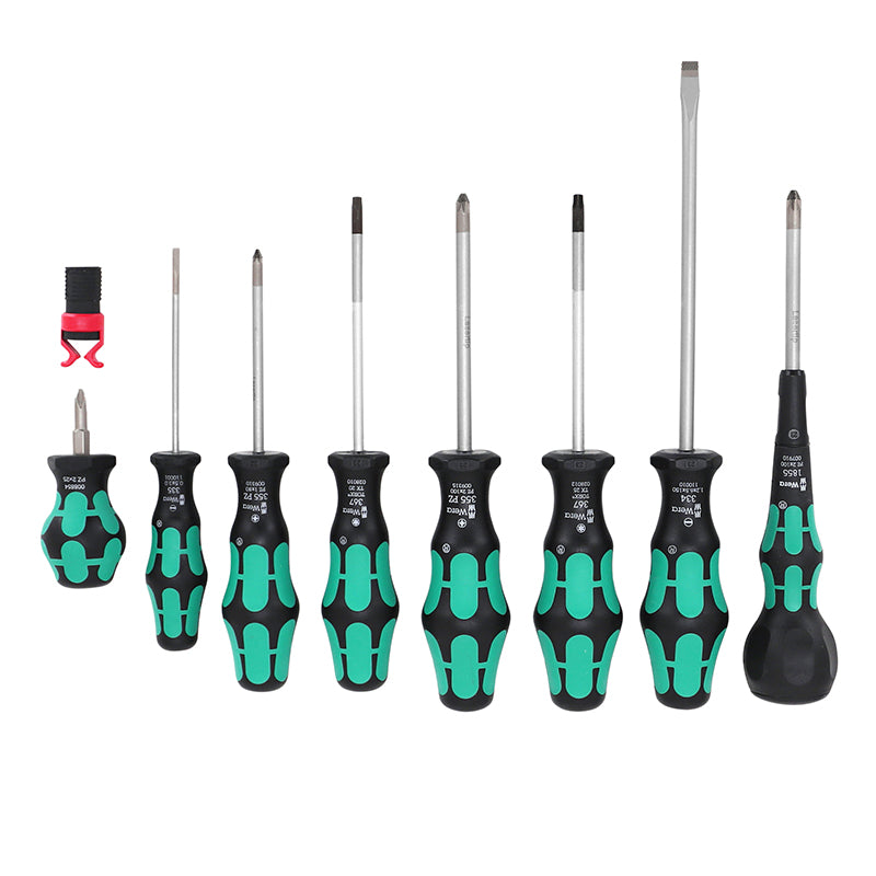 WERA 9528 BALGRIP CRUSHIFORM (POZIDRIV), TORX EN PLATTE SCHROEVENDRAAIER MET ZWART-GROEN SCHROEFGRIP (SET 9 STUKS) -DUITS MERK VOOR WERKPLAATSEN-