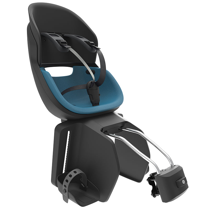 PORTE BEBE-SIEGE ENFANT ARRIERE PRODIGEE ICON A FIXER SUR CADRE NOIR COUSSIN BLEU AVEC SERRURE (JUSQU'A 22 Kg MAX) (HOMOLOGUE CE EN 14344)