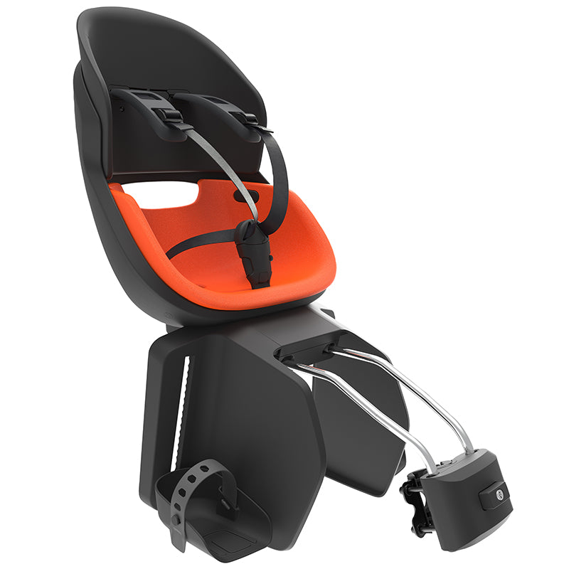 PORTE BEBE-SIEGE ENFANT ARRIERE PRODIGEE ICON A FIXER SUR CADRE NOIR COUSSIN ORANGE AVEC SERRURE (JUSQU'A 22 Kg MAX) (HOMOLOGUE CE EN 14344)