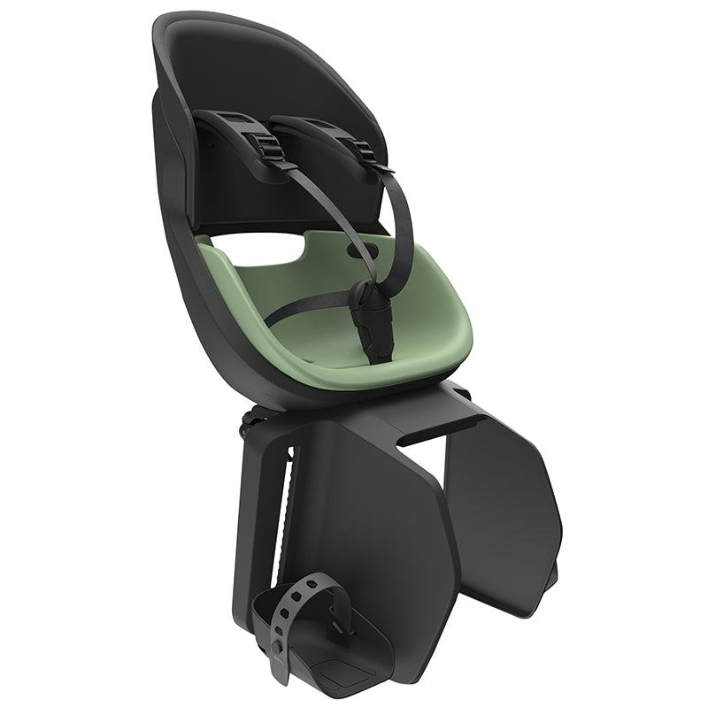 PORTE BEBE-SIEGE ENFANT ARRIERE PRODIGEE ICON A FIXER SUR PORTE BAGAGE FIXATION ETAU NOIR COUSSIN VERT JADE AVEC SERRURE (JUSQU'A 22 Kg MAX) (HOMOLOGUE CE EN 14344)