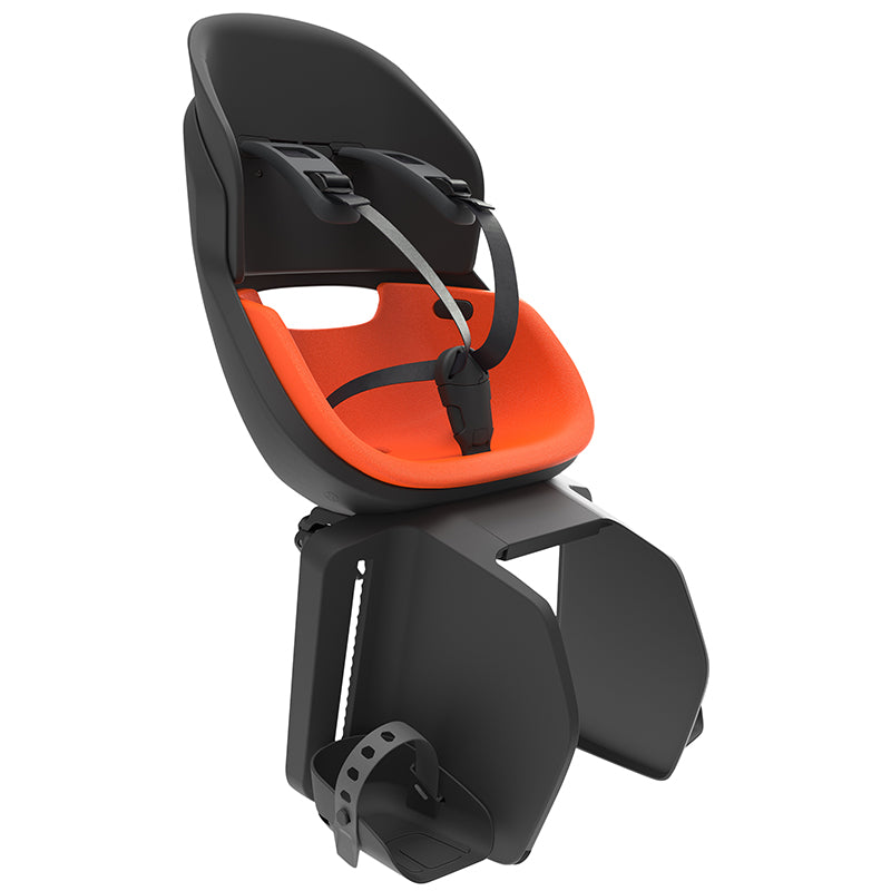 PORTE BEBE-SIEGE ENFANT ARRIERE PRODIGEE ICON A FIXER SUR PORTE BAGAGE FIXATION ETAU NOIR COUSSIN ORANGE AVEC SERRURE (JUSQU'A 22 Kg MAX) (HOMOLOGUE CE EN 14344)