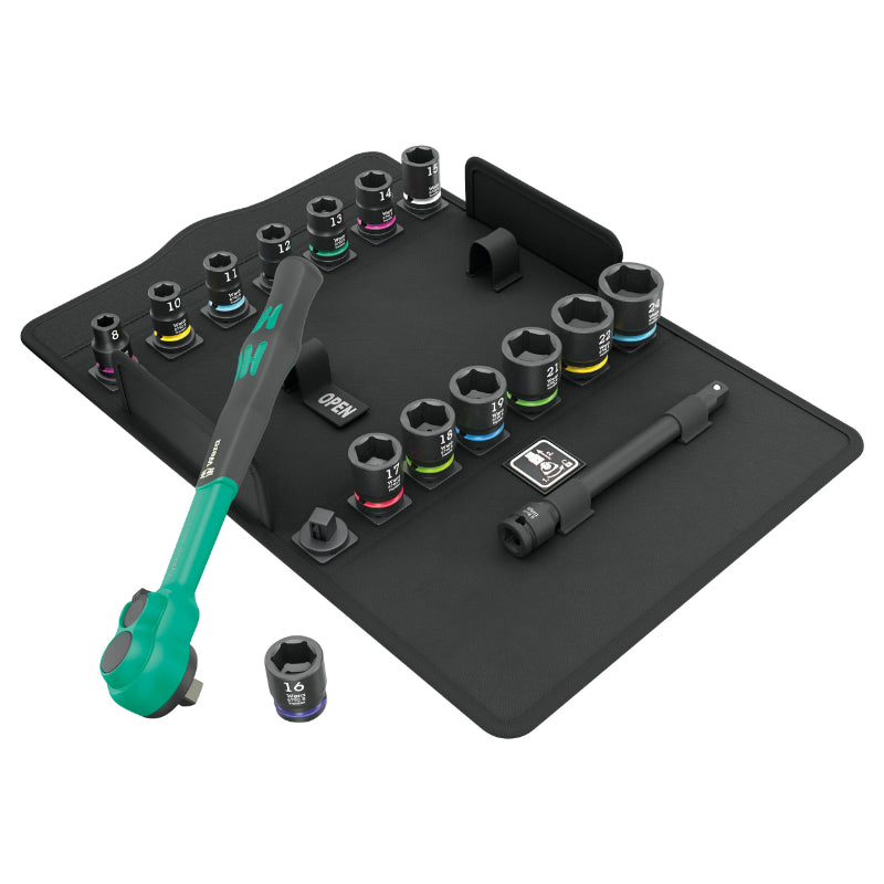 WERA 8100 SB ZYKLOP COMFORT 3-8 METRISCHE RATEL MET DOPPEN EN ZWART-GROEN VERLENGSEL (SET 16 STUKS) -DUITS MERK VOOR WERKPLAATSEN-