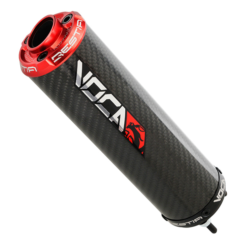 50 A VOCA EVO BESTIA RD30380 CARBON MUFFLER RED ANODIZED END CAP FOR ROOKIE, CHROMED, ​​SCR, MK, BARIKIT