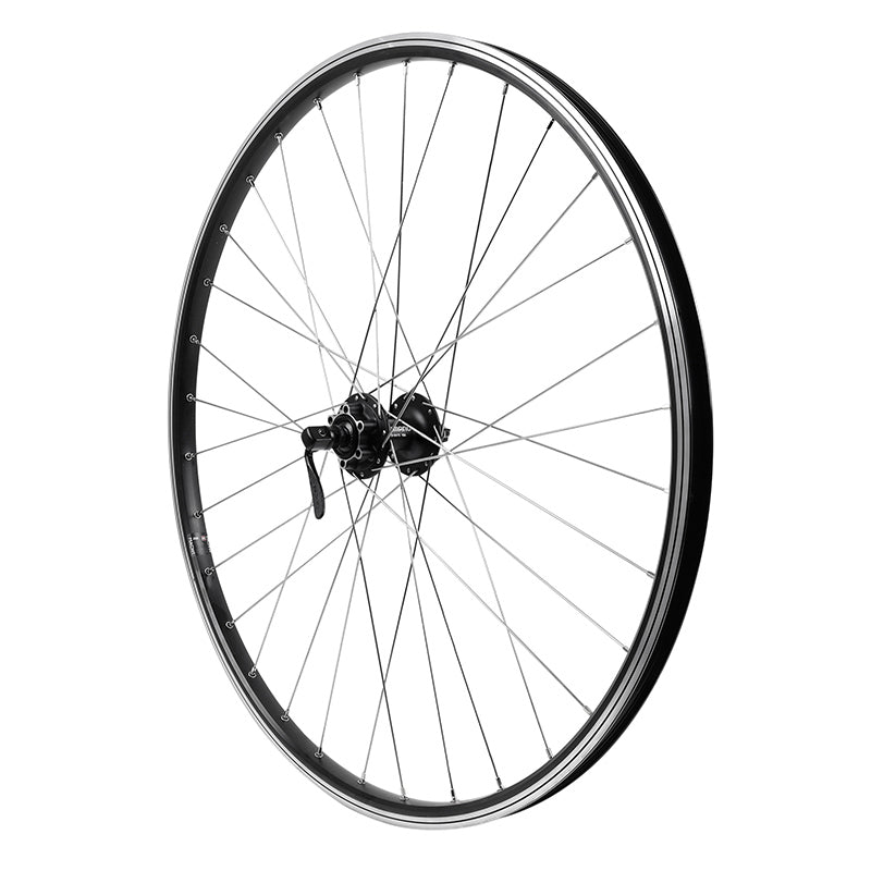 ROUE VTC PATIN BLOCAGE 700 x 35 - 28" M260 AVANT NOIR RENFORCE MOYEU SHIMANO DEORE NOIR (JANTE DOUBLE PAROI AVEC OEILLETS-RAYONNAGE INOX) JANTE 19C 32 RAYONS INOX - RESISTE 200KGS