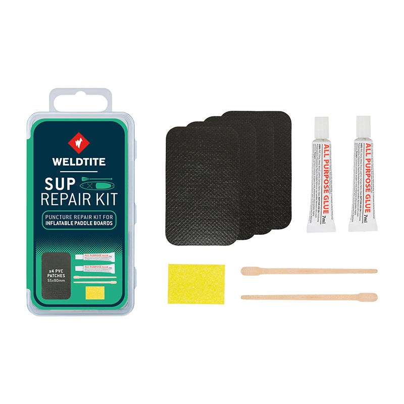 KIT REPARATION PADDLE WELDTITE PATCH PVC - BOITE (4 PATCHS PVC PRE-COUPEES + COLLE 2x7ml + 2 SPATULES + 1 PAPIER PONCE) AVEC NOTICE