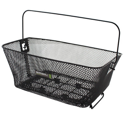 BASIL COMO BLACK HONEYCOMB STEEL REAR BASKET WITH HANDLE FOR VICE MOUNTING ON LUGGAGE RACK (41x31x18cm)