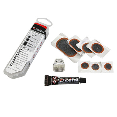 KIT REPARATION CHAMBRE A AIR ZEFAL UNIVERSEL - BOITE (6 PATCHS 25mm + 2 PATCHS 24x35mm + COLLE + RAPE ACIER) AVEC NOTICE