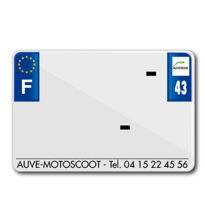 PLAQUE IMMATRICULATION MOTO TIFLEX ALU PREPERCEE 210x145 DEP. 43 AVEC RAISON SOCIALE (VENDU PAR 50)