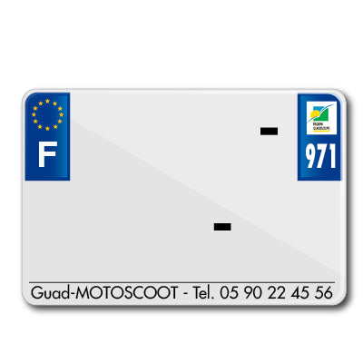 PLAQUE IMMATRICULATION MOTO TIFLEX ALU PREPERCEE 210x145 DEP.971 AVEC RAISON SOCIALE (VENDU PAR 50)