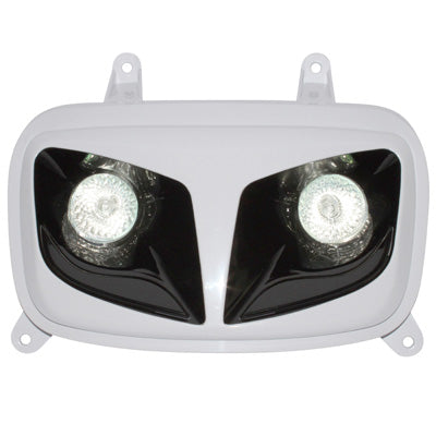 DOUBLE OPTIQUE SCOOT REPLAY RR8 POUR MBK 50 BOOSTER 2004+-YAMAHA 50 BWS 2004+ BLANC-NOIR AVEC 2 HALOGENES 20W **