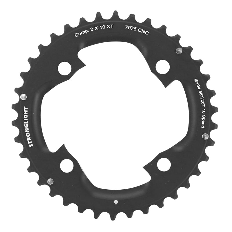 4BRA D.104 MTB CHAINRING FOR SHIMANO XT M785 STRONGLIGHT DOUBLE 38T OUTER BLACK (FOR INTERNAL 24-26T) UNTHREADED - THICKNESS 5mm 10V.