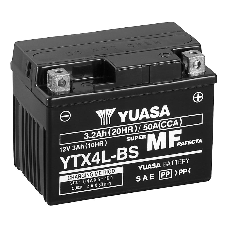 BATTERIE 12V  3 Ah YTX4L-BS YUASA MF SANS ENTRETIEN LIVREE AVEC PACK ACIDE  (Lg114xL71xH86mm)