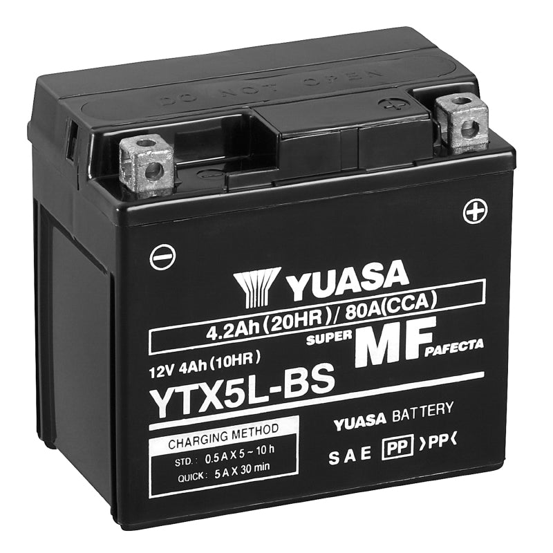 BATTERIE 12V  4 Ah YTX5L-BS YUASA MF SANS ENTRETIEN LIVREE AVEC PACK ACIDE  (Lg114xL71xH106mm)