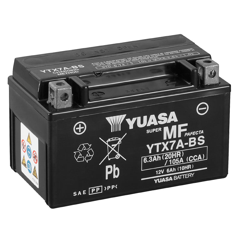 BATTERIE 12V  6 Ah YTX7A-BS YUASA MF SANS ENTRETIEN LIVREE AVEC PACK ACIDE  (Lg150xL87xH94mm)