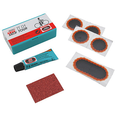 KIT REPARATION CHAMBRE A AIR TIP TOP TT01 TOUR BOITE (4 PATCHS F0 15mm + 1 PATCH F2 45x15mm + COLLE 3g + PAPIER PONCE) AVEC NOTICE (506 0007)