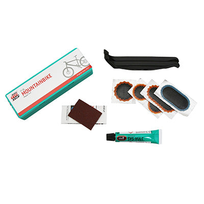 TIP TOP TT05 MTB LUCHTBUIS REPARATIE KIT MET GEREEDSCHAP - DOOS (2 PATCHES F0 15mm + 1 F1 25mm + 1 F2 45x15mm + 1 F2 BLAUWE reinf + 5g LIJM + SCHUURPAPIER + 2 BANDENLIFTS) MET INSTRUCTIES (50601930)